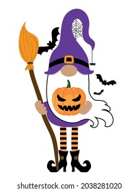 Adorable Halloween gnome with witch hat and broom - gnome with pumpkin lantern. Nordic magic dwarf. Cute holidays Elf with hat. Vector illustration for Harvest, Thanksgiving, Halloween. Trick or treat