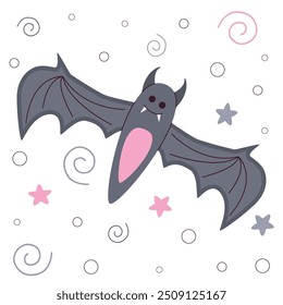 Adorable ilustración de Halloween de un lindo murciélago gris con alas grandes y colmillos pequeños. Perfecto para diseños festivos, invitaciones de Halloween y decoraciones para niños.