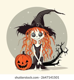 Adorable Halloween illustration of a young witch with long red hair, wearing a black hat and dress, sitting next to a carved pumpkin