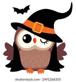 Adorable Halloween Owl with black veil and witch hat. Bat flying over his head.