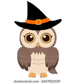 Adorable Halloween owl illustration in cartoon style, wearing a witch hat, ideal for spooky party invites, seasonal decorations, kids’ crafts, and digital prints.
