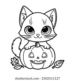 Adorable Halloween vector illustration of a cute kitten sitting on a carved pumpkin, perfect for coloring pages