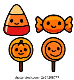 Adorável ilustração vetor de Halloween com um milho doce, um doce embrulhado, um pirulito de abóbora e um pirulito redondo clássico, todos com rostos animados alegres.