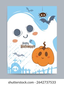 Adorable Halloween-themed scene with smiling ghost, pumpkin, bats, and spider in cartoon style on a light blue background. Concept of spooky celebration. Vector illustration