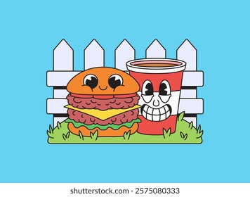 Adorable hamburger and drink characters smiling together by a fence cartoon vector hand drawn illustration for fast food element design