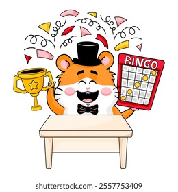 Adorable hamster character celebrating a bingo championship victory with funny and happy emotion, cartoon style, perfect for kids