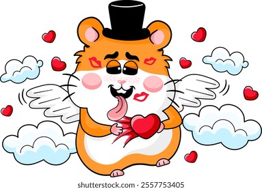 Adorable hamster character with wings, flying into the sky from falling in love, cartoon style, funny and playful for kids