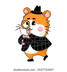 Adorable hamster dressed as a detective, curiously looking through a magnifying glass, cartoon style, ideal for kids’ designs