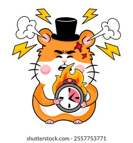 Adorable hamster mascot character expressing anger at someone being late or missing a deadline, funny and relatable emotion, cartoon style for kids