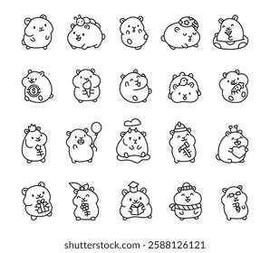 Adorable hamster pet animal set featuring cute kawaii cartoon characters with various emotions, accessories, and fun activities like eating, drinking, celebrating, and reading