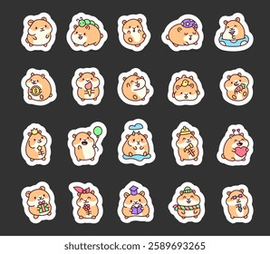 Adorable hamster pet animal set featuring cute kawaii cartoon characters with various emotions, accessories, and fun activities like eating, drinking, celebrating, and reading