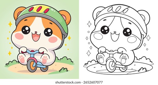 Adorable hamster riding a small bike with helmet in the park. Perfect for kids’ coloring page. Main object and background are separated in different layers.