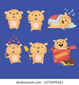 Adorable Hamsterset. Cute lustige Cartoon Hamster schlafend, winkend hallo, geben Blume in Liebe, essen Kekse in Kiste. Vektorgrafik für Tiere, Haustiere, Nagetierkonzept