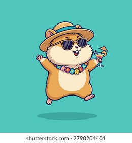 An adorable hamster, wearing a straw hat and sunglasses, happily holds a tropical cocktail while adorned with a colorful Hawaiian lei, ready for summer fun.