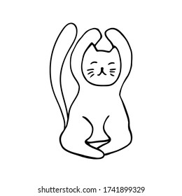Adorable hand drawn cat sitting in yoga pose. Isolated on white background drawing for textile prints, child poster, cute stationery.