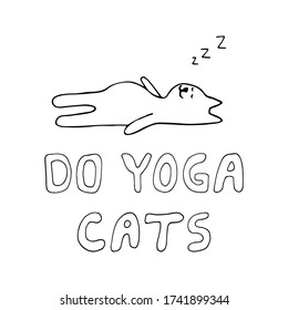 Adorable hand drawn cat sitting in yoga pose. Isolated on white background drawing for textile prints, child poster, cute stationery.