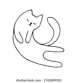 Adorable hand drawn cat sitting in yoga pose. Isolated on white background drawing for textile prints, child poster, cute stationery.