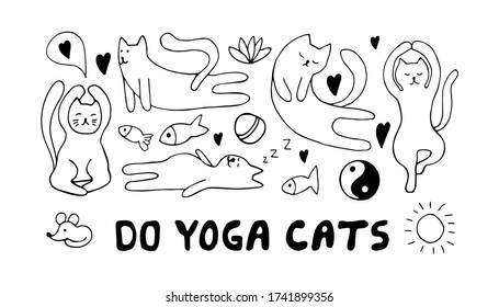 Adorable hand drawn cats set sitting in yoga pose. Isolated on white background drawing for textile prints, child poster, cute stationery.