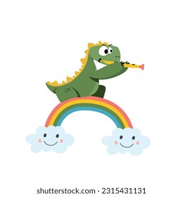 Adorable hand drawn childish dinosaur characters sit on a rainbow and play the flute. Vector illustration.