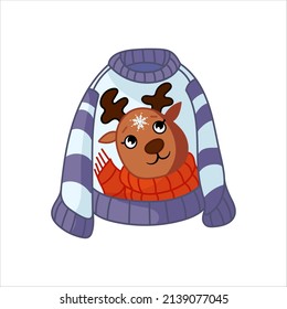 An adorable hand drawn Christmas sweater. Isolated on white background winter pattern for textile prints, kids poster, cute stationery.