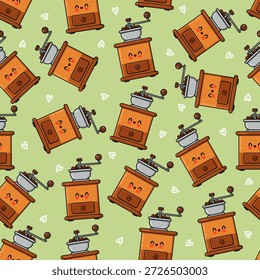 Adorables molinillos de café dibujados a mano que crean un delicioso patrón sin fisuras. Con expresiones felices y Formas de corazón dispersas sobre un fondo verde claro. Perfecto para textiles o diseños digitales