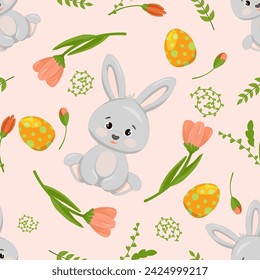 Adorable hand drawn Easter seamless pattern with bunnies, eggs and flowers, great for banners, wallpapers, packaging, textiles - vector design,
