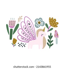 Adorable hand drawn fairy unicorn with wings illustration with  florals. Great for poster, cards, apparel