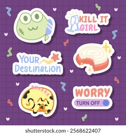 adorable hand drawn frog, cookies and motivational word of sticker set for journal