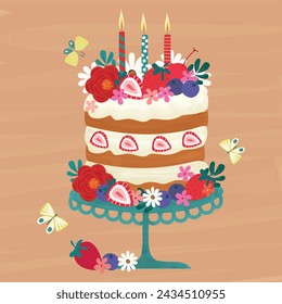 Adorable Hand Drawn Fruit Cake and Flowers Illustration for Birthday Party Celebration, Perfect for Invitations, Greeting Cards, Posters, and Banners 