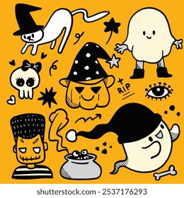 Adoráveis rabiscos de Halloween desenhados à mão com fantasmas brincalhões, abóboras, chapéus de bruxa, crânios e símbolos assustadores em um fundo amarelo brilhante