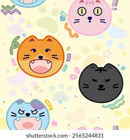 adorable hand drawn happy and angry cats seamless pattern design