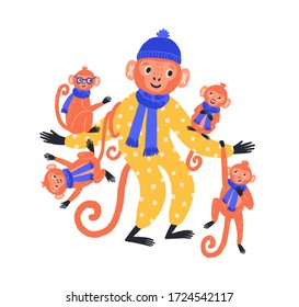 Adorable hand drawn monkey family in funny costume vector flat illustration. Cute cartoon wild animal father and many children playing together isolated on white. Friendly dad and baby primate