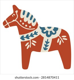 Adorable Hand Drawn Red Swedish Dala Horse Isolated on White