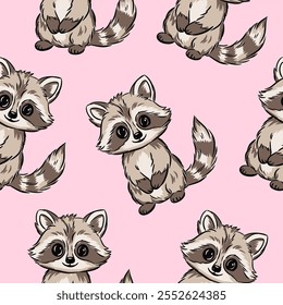 Adorable hand drawn seamless pattern cute animals raccoons on a soft pink background