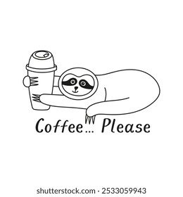 Adorable hand drawn sloth with coffee doodle. Tropical bear with cute phrase, coffee, please.