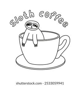 Adorable hand drawn sloth inside cup of coffee doodle. Tropical bear with cute phrase, sloth coffee.