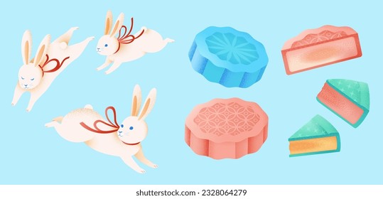 Adorable hand drawn style mid autumn elements isolated on sky blue background. Different angles of jade rabbits hopping and colorful mooncakes.