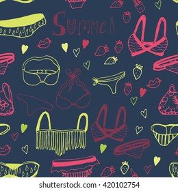 Adorable hand drawn swimsuits. Seamless vector set. Perfect for summer vacation design.