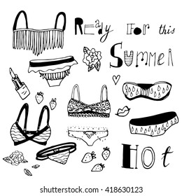 Adorable hand drawn swimsuits. Vector set. Perfect for summer vacation design.