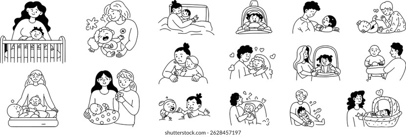 Adorable hand drawn vector illustrations of parents and babies in daily activities