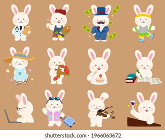 Adorable hand drawn white bunny doing different activities flat colored