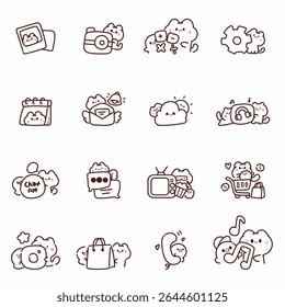 Adorable hand-drawn app icons featuring cats and daily mobile apps like photo, mail, calendar, music, and shopping. Perfect for UI UX, phone themes, or planner kits.