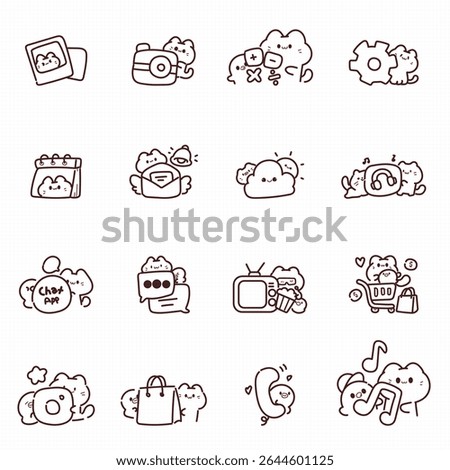 Adorable hand-drawn app icons featuring cats and daily mobile apps like photo, mail, calendar, music, and shopping. Perfect for UI UX, phone themes, or planner kits.