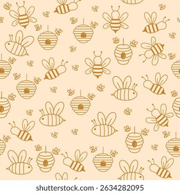 Adorable Hand-Drawn Bees and Beehives Seamless Pattern Background