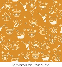 Adorable Hand-Drawn Bees and Beehives Seamless Pattern Background