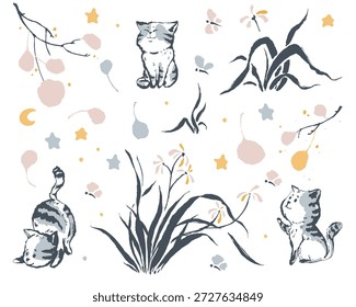 Adorable handdrawn cat elements with stars, flowers for nursery decor, kids apparel, and bedtime-themed designs. Soft pastels, whimsical style for printable customizable, dreamy designs set