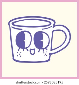 Adorable hand-drawn coffee mug with large expressive eyes and a happy face, outlined in purple with a pastel pink border, Vector Illustration