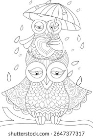 Adorable hand-drawn coloring page of a wise mother owl sheltering her little one from raindrops with an umbrella, embracing family love.