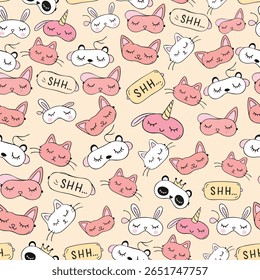 Adorable hand-drawn doodle seamless pattern of cute sleep masks: cat, bunny, unicorn, and "SHH..." text. Perfect for children's designs, sleepwear, pajamas, or beauty product packaging