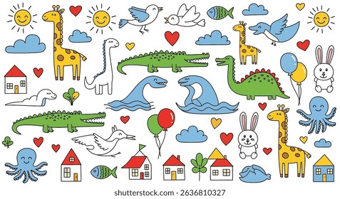 Adorable hand-drawn doodle set of playful animals: giraffes, dinosaurs, alligators, rabbits, birds, and an octopus, along with suns, clouds, houses. Ideal for kids' designs